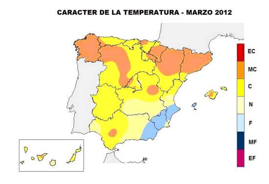 Temperaturas en marzo de 2012 en España